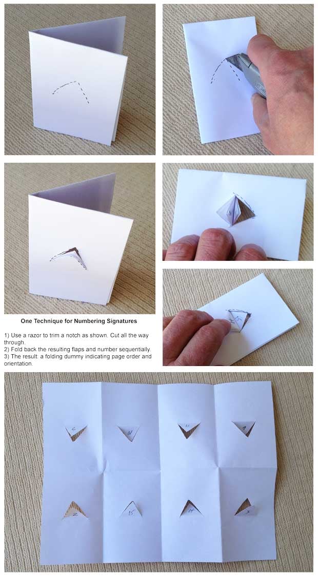16 page notched center for a folding dummy for trouble free print finishing